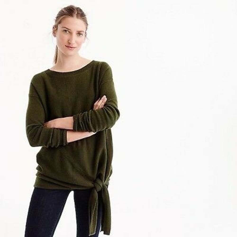 J.Crew Green Tie Waist Wool Blend Boatneck Tunic Sweater Womens Size XS